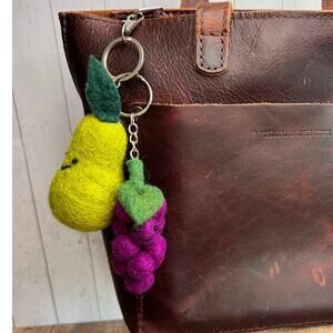 Set of 2!! Grapes Pear Fruit Bag Charm Fun Felted Wool Purse Charm Green Purple
